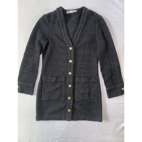 Zara Black‎ Gold Button Front Mini Jacket Dress Size XS Textured Tweed Cardigan - Picture 5 of 10